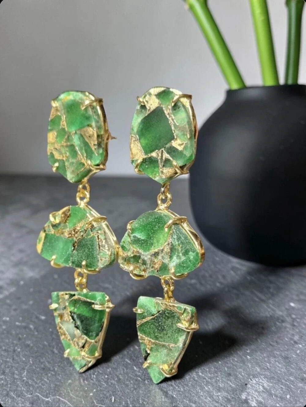 18k Gold Plated Artisan Genuine Mohave Green Turquoise Geometric Dangle Earrings